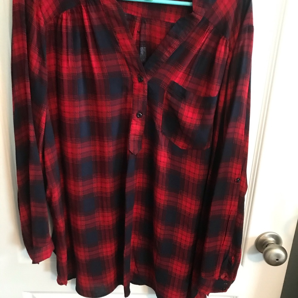 Plaid  V neck (2 buttons) one pocket rollup sleeve